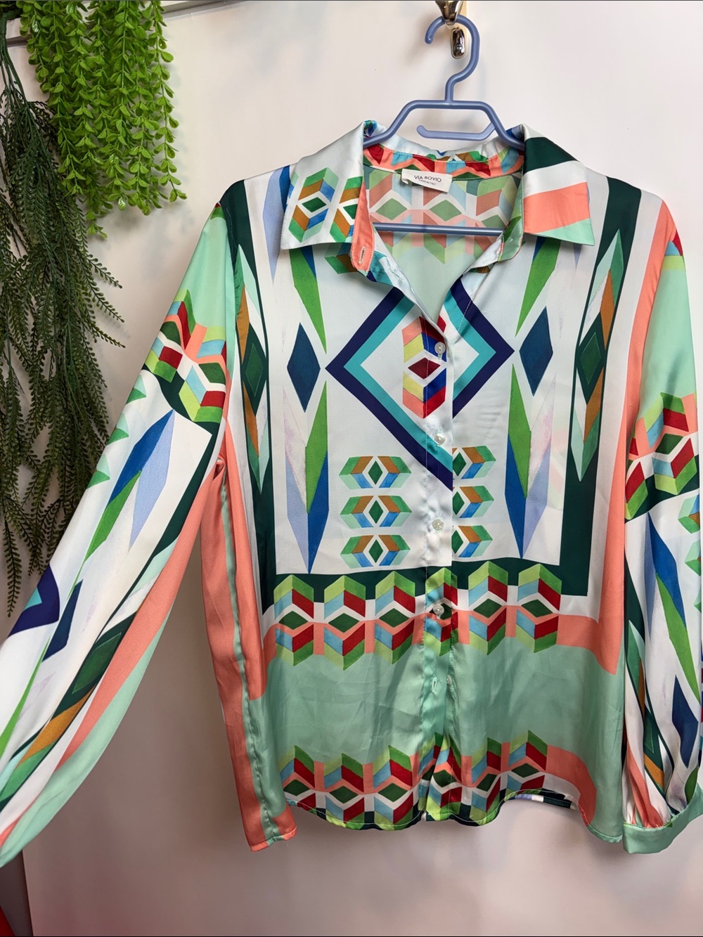 Geometric Print Button-Down Shirt in Mint & Coral